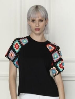 Zero Degrees Celsius Crochet Granny Square Sleeve Top Black Cotton XL